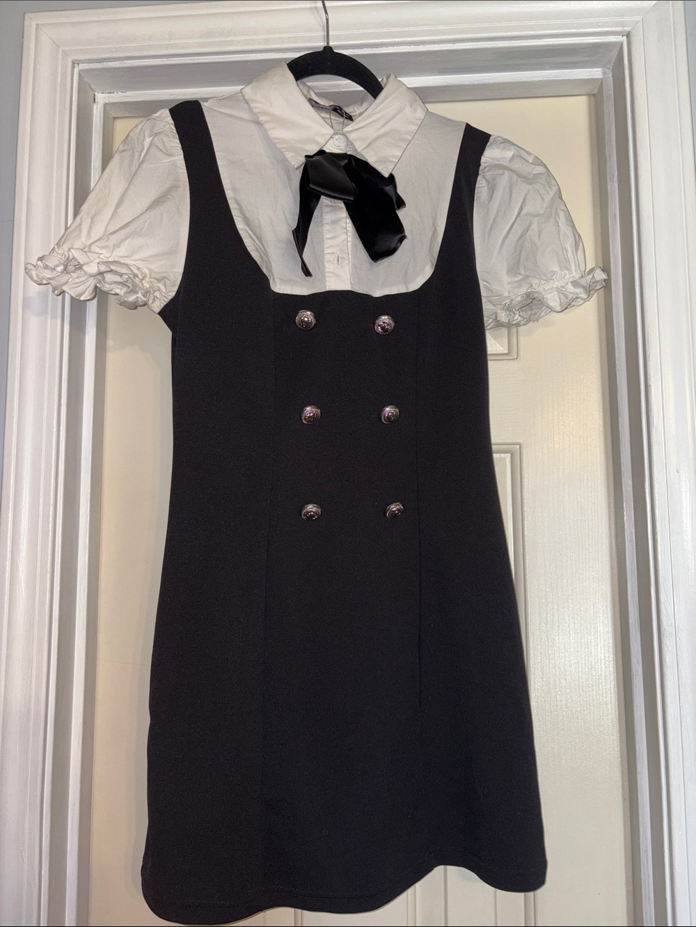 SHEIN Black Pinafore Dress with White Blouse and Black Bow
